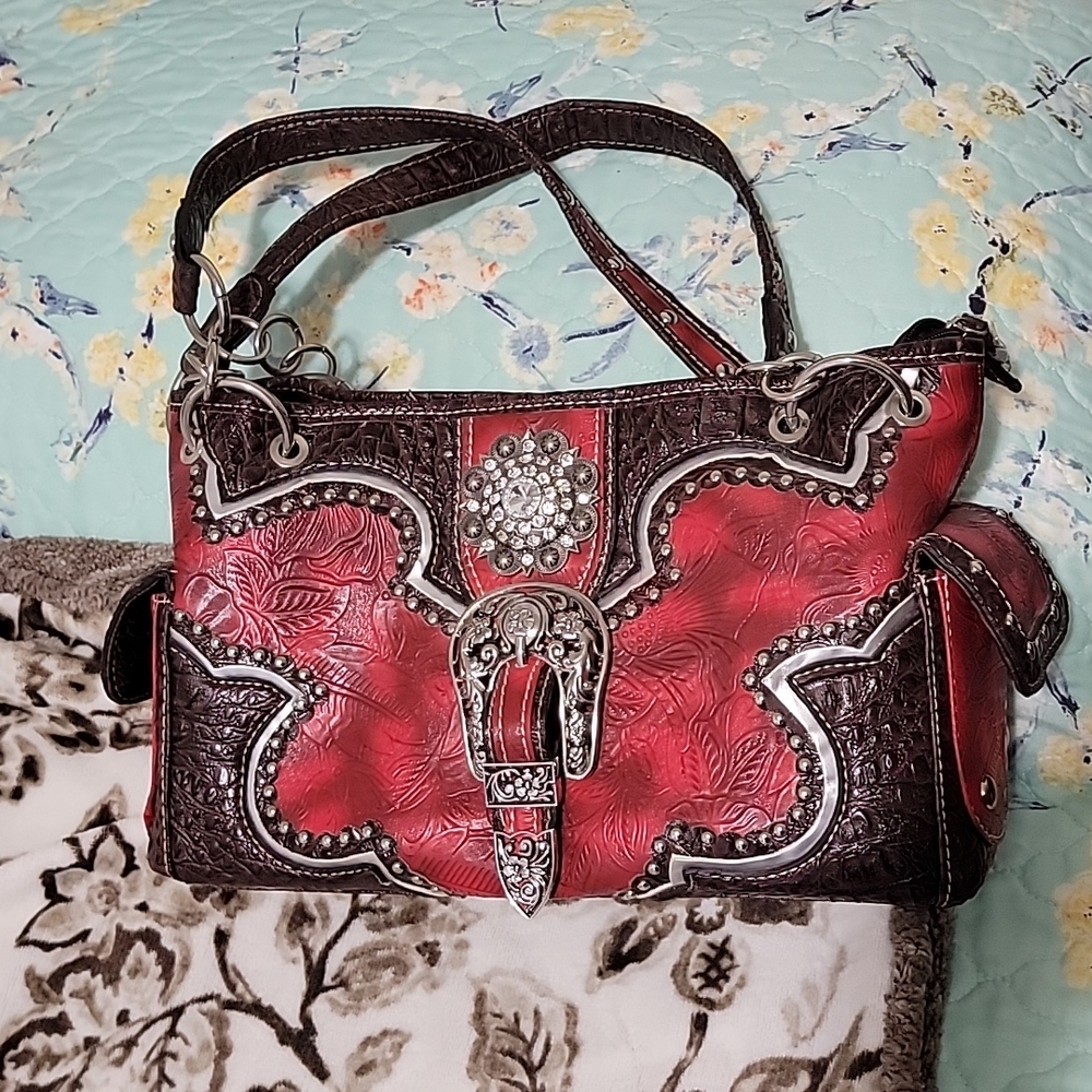 Conceal & Carry Handbag Red Rivet and Jewel Detail